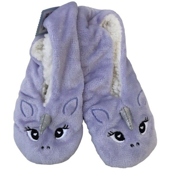 NEW Cat & Jack Kids Slippers Purple Unicorn Plush Gripper Bottoms Size M/L - Picture 2 of 9